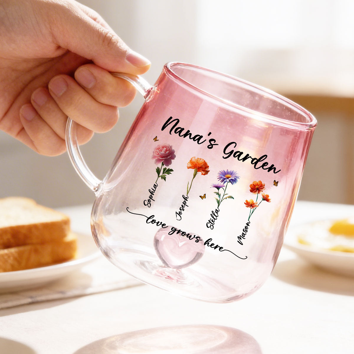 Grandma's Garden Love Grows Here - Personalized Glass Mug - Custom Birth Flowers, Mother's Day Gift for Mom, Grandma, Wife