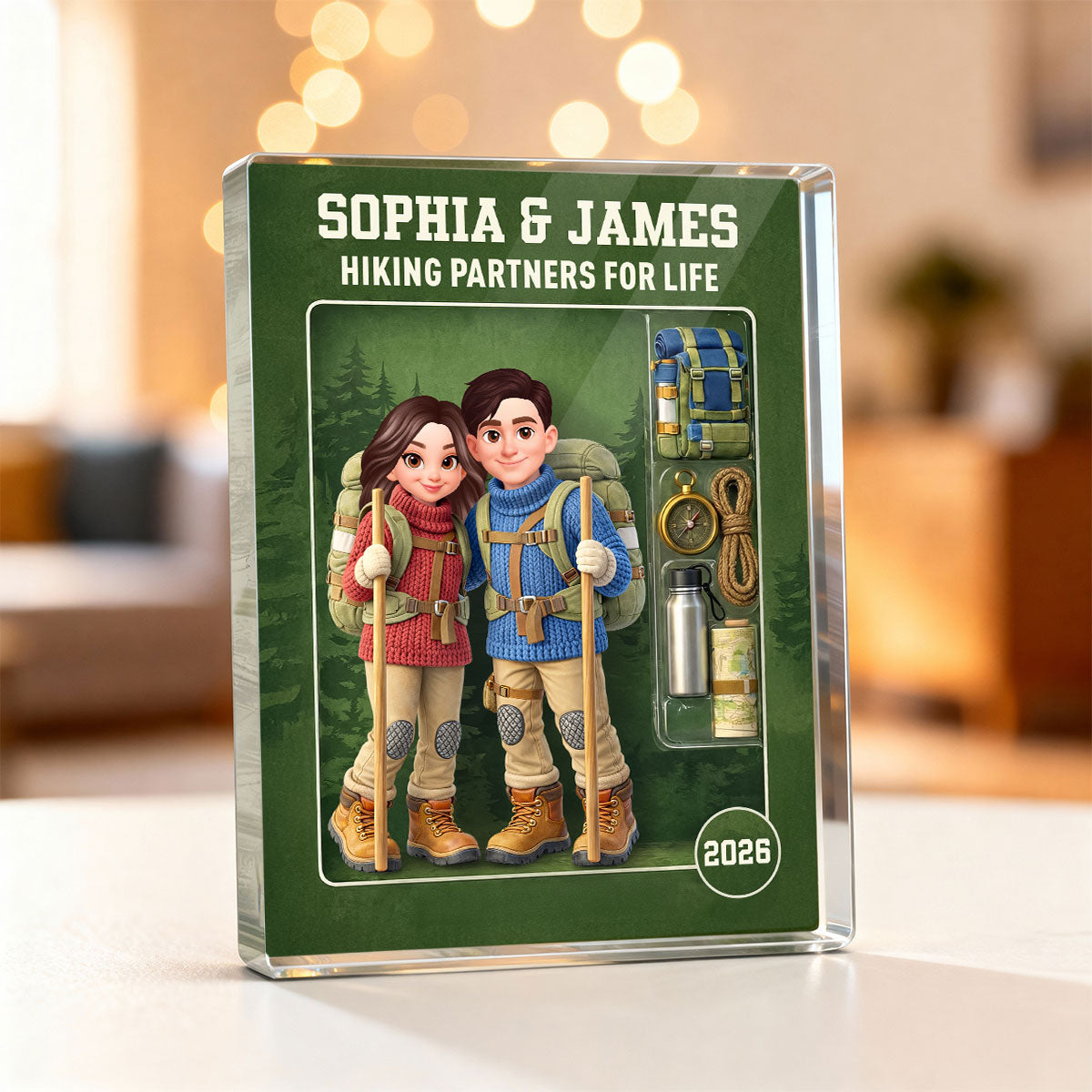 Hiking Couple Action Figure - Personalized Acrylic Block Plaque - Anniversary, Valentine's Day Gift, Gift For Him, Gift For Her