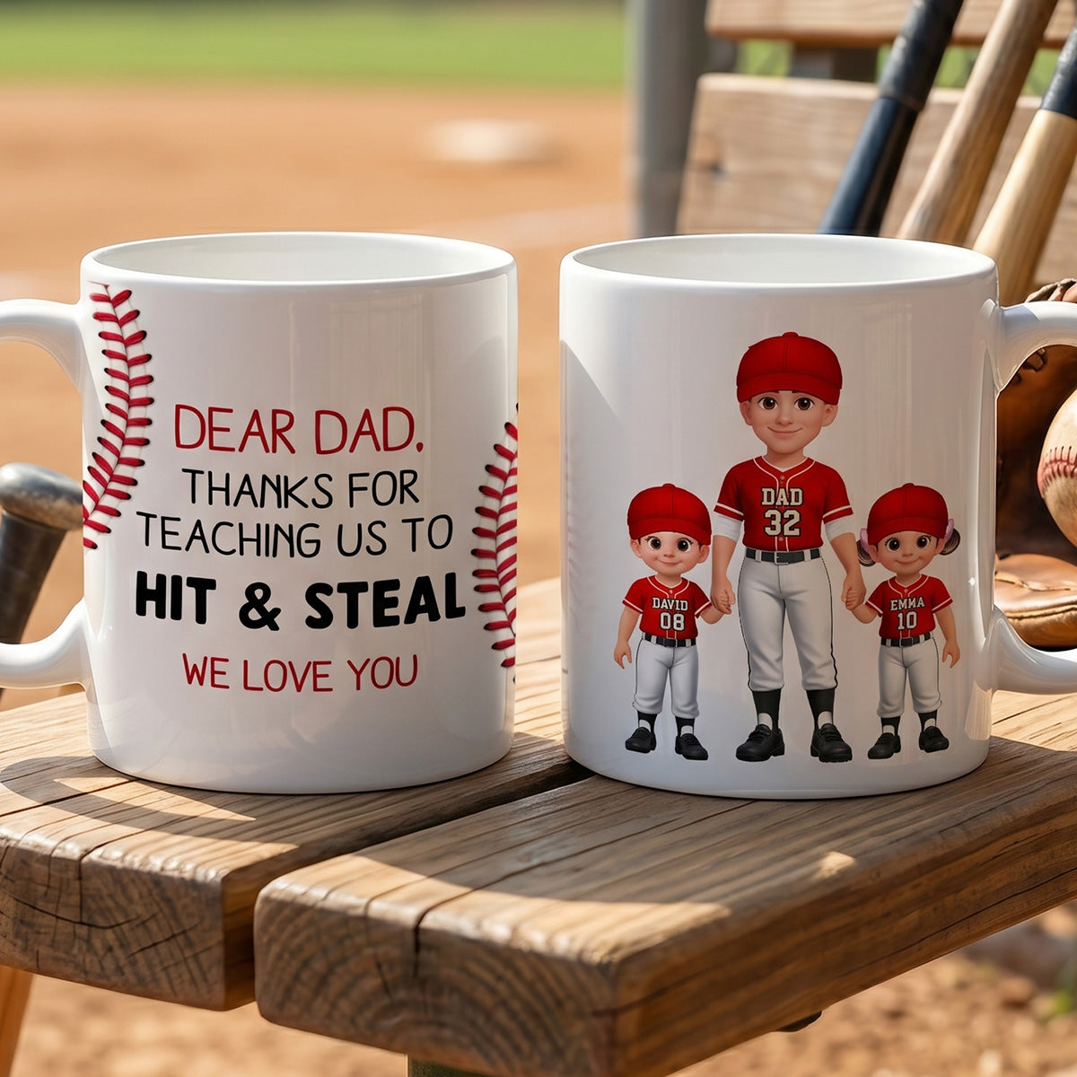 Thank You For Teaching Us To Hit & Steal Baseball Dad & Kids Standing - Personalized Mug - Father's Day Gift For Dad, Husband