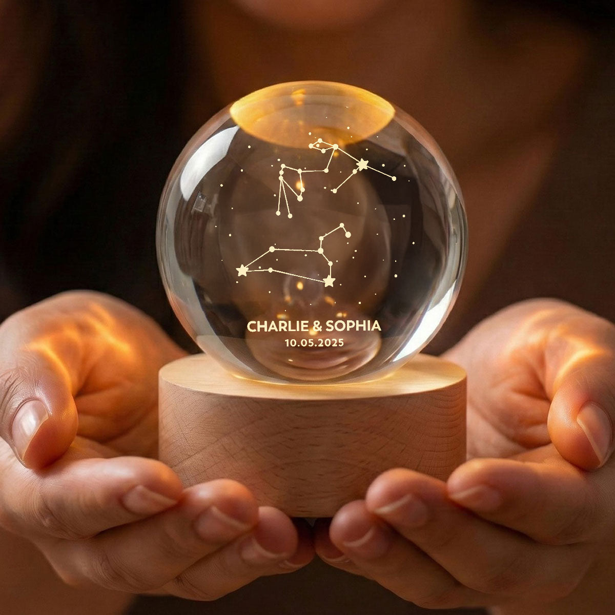 Couple Zodiac Constellation Astrology Star Sign Art - Personalized Crystal Ball LED Night Light - Gift For Couple