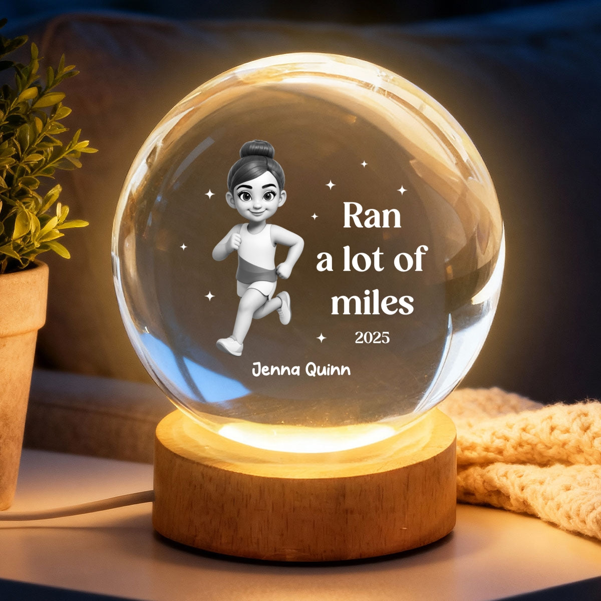 Ran A Lot Of Miles Running Boy Girl - Personalized Crystal Ball LED Night Light - Gift for Marathon Runner, Track Senior Night Gift