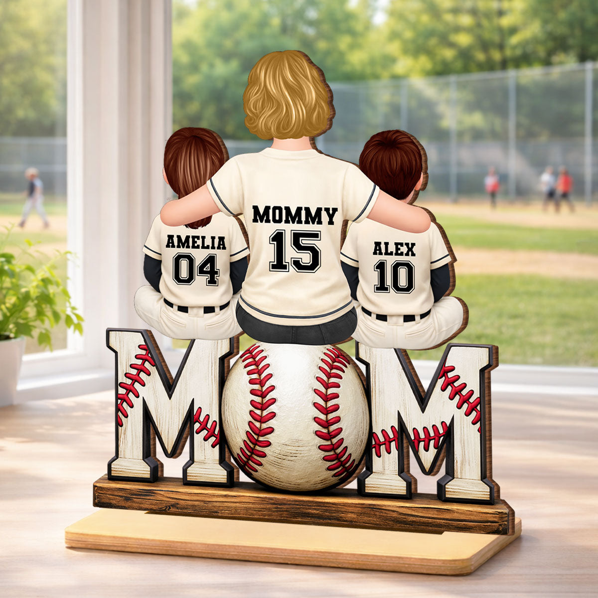 Baseball Mom and Kids Sitting Back View - Personalized 2-Layered Wooden Plaque - Heartfelt Gift for Mom