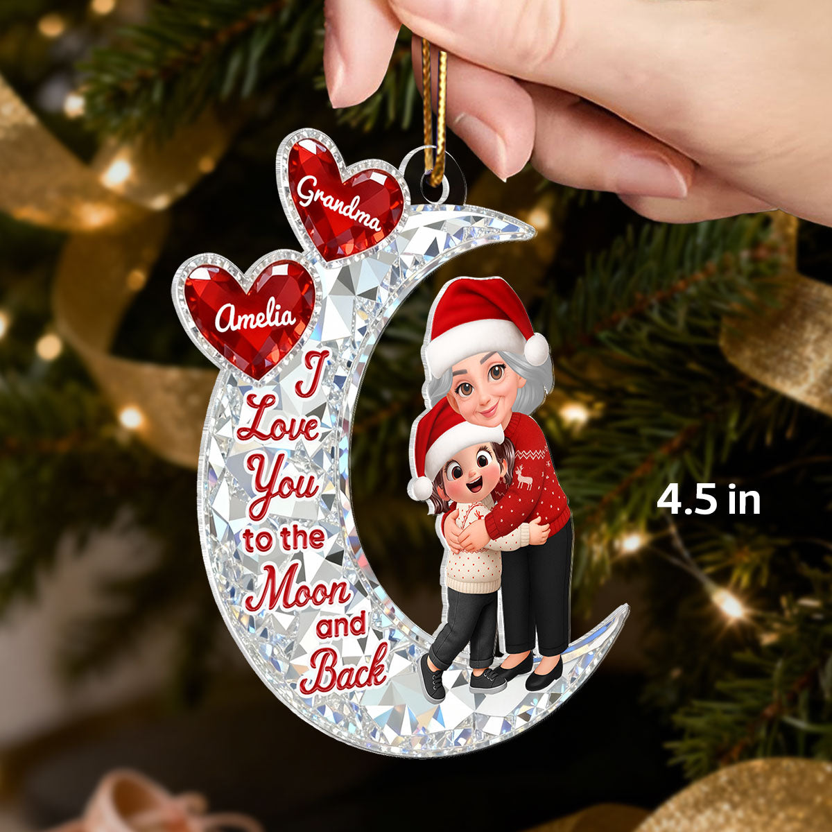 3D Effect Flat Grandma Hugging Grandkid On Moon - Personalized Acrylic Ornament - Gift For Grandma, Grandkids