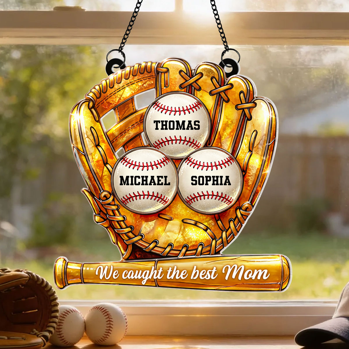 Baseball Glove We Caught the Best Mom - Personalized Suncatcher - Sentimental Mother's Day Gift for Mom, Wife