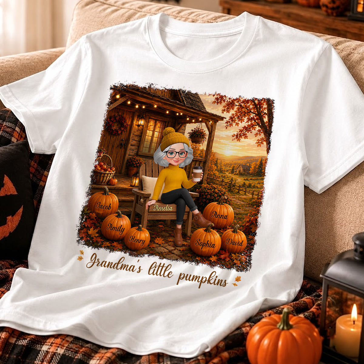 Grandma Sitting On Porch Grandkids - Personalized Shirt - Fall Season Gift, Gift For Grandma