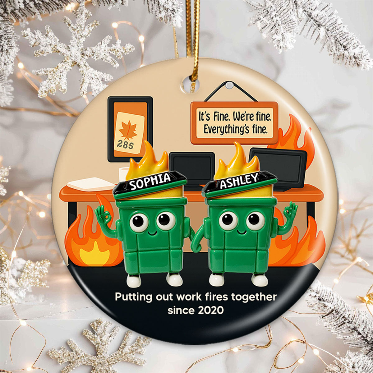 3D Effect Dumpster Fires In Office Scene - Personalized Ceramic Ornament - Funny Gift For Colleagues, Work Besties