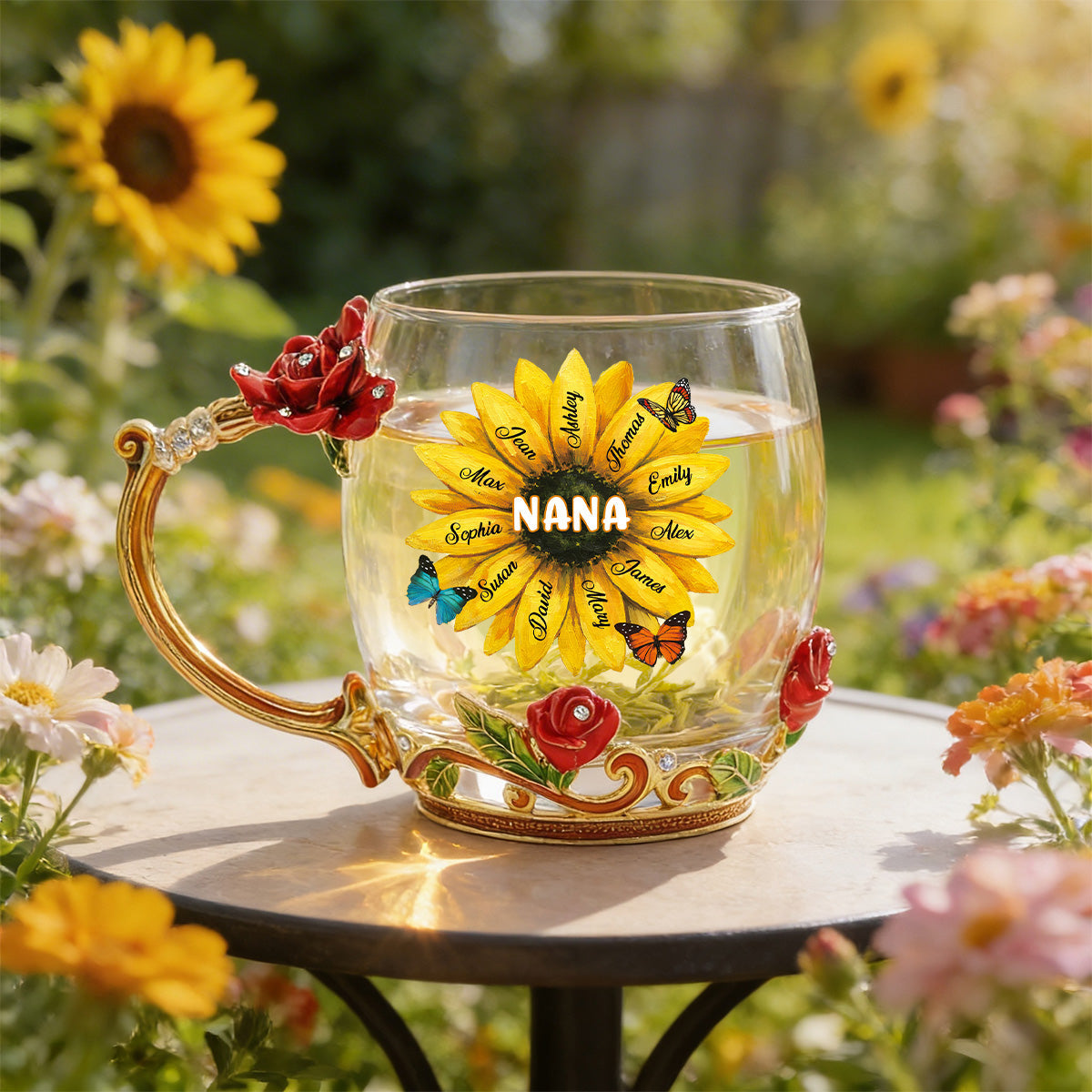 Grandma Sunflower Custom Kids Names - Personalized Enamel Flower Tea Cup - Gift For Grandma, Mom