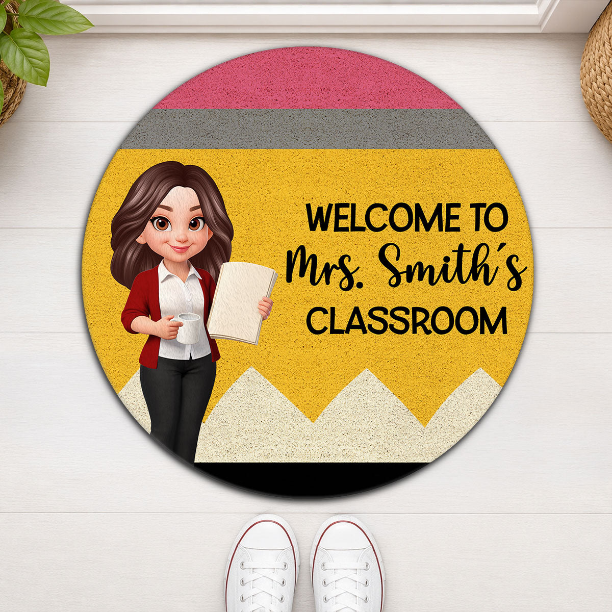 Teacher Pencil Welcome To Classroom Happy Learning - Personalized Doormat - Back To School, Classroom Decor