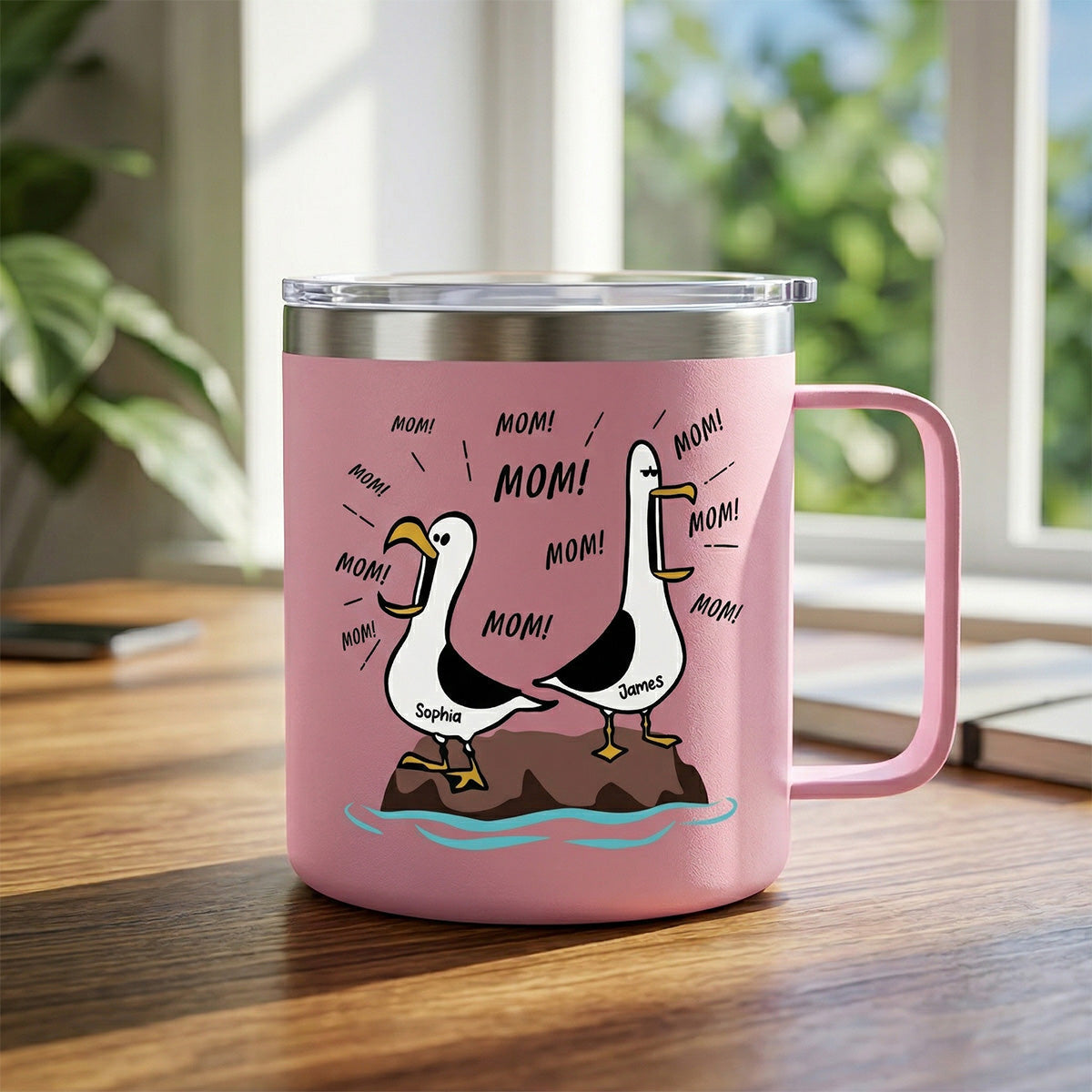 Seagull Mom Mom Mom Custom Name - Personalized Stainless Steel Tumbler With Handle - Funny Mother's Day Gift For Mom