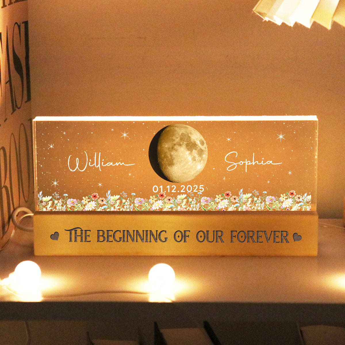 Floral Our Moon Couple Custom Moon Phase Anniversary Date - Personalized Acrylic Block LED Plaque Night Light - Gift For Couple