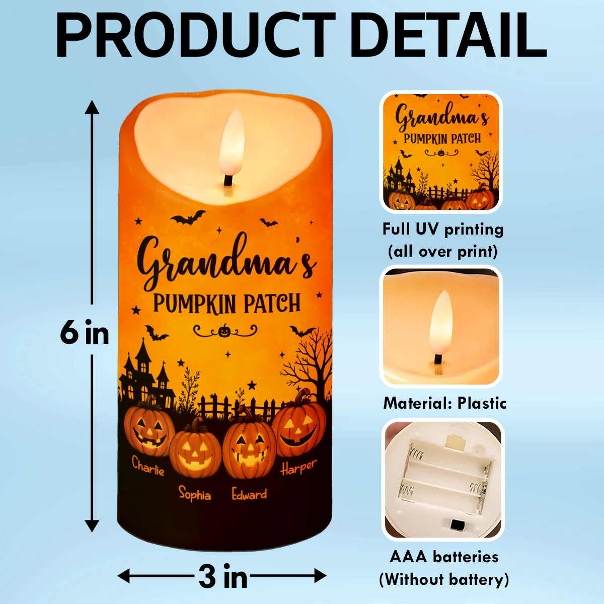 Grandma's Pumpkin Patch Jack-o'-lantern Pumpkins - Personalized LED Candle - Perfect Halloween Decor For Grandma
