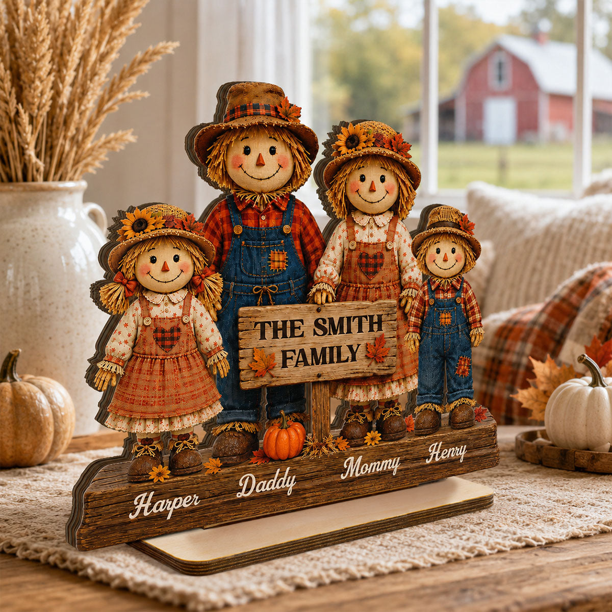 Scarecrow Family Fall Season 2D Flat - Personalized Standing Wooden Plaque