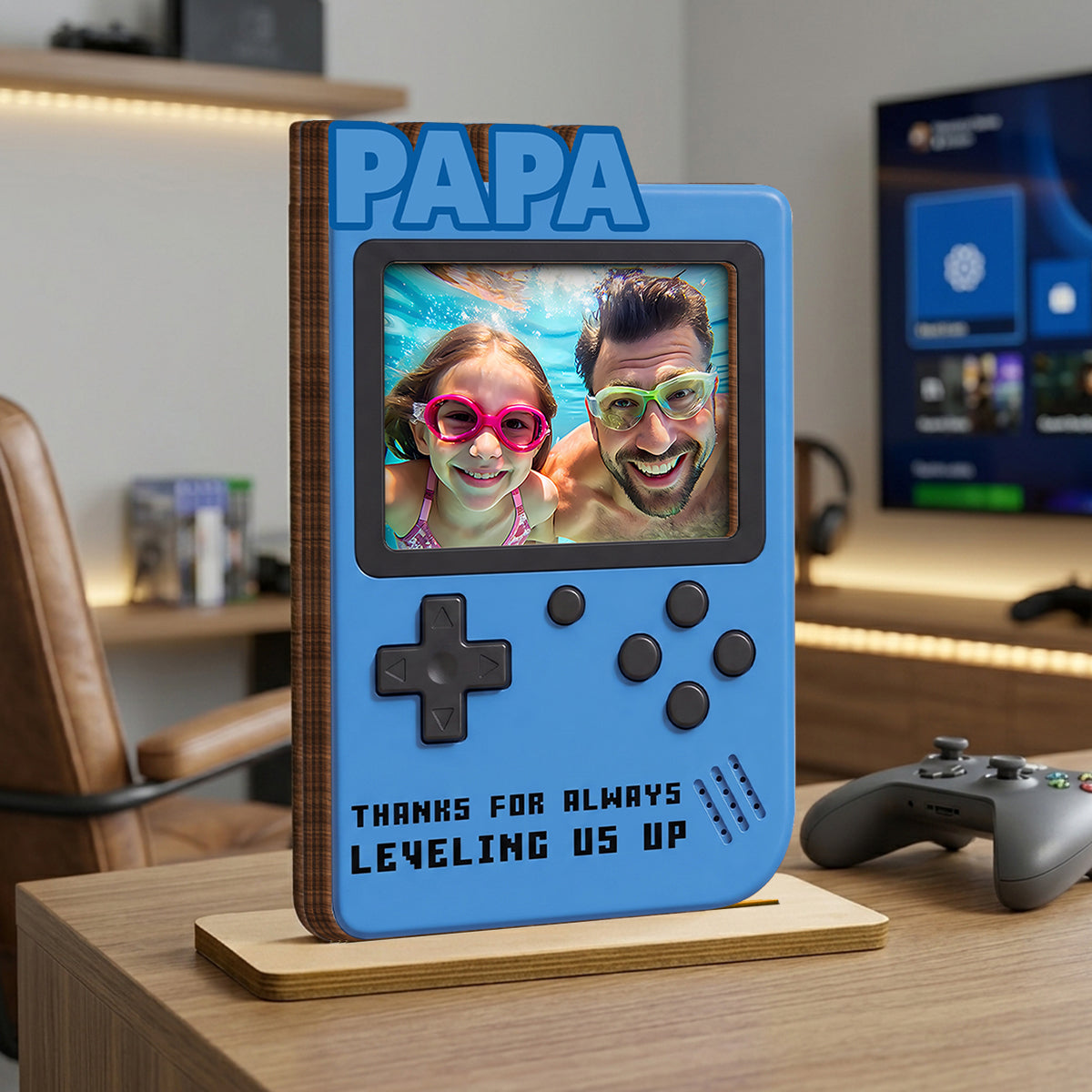 Thanks For Always Leveling Us Up Gamer Dad - Personalized 2-Layered Wooden Plaque - Heartfelt Gift For Dad, Husband