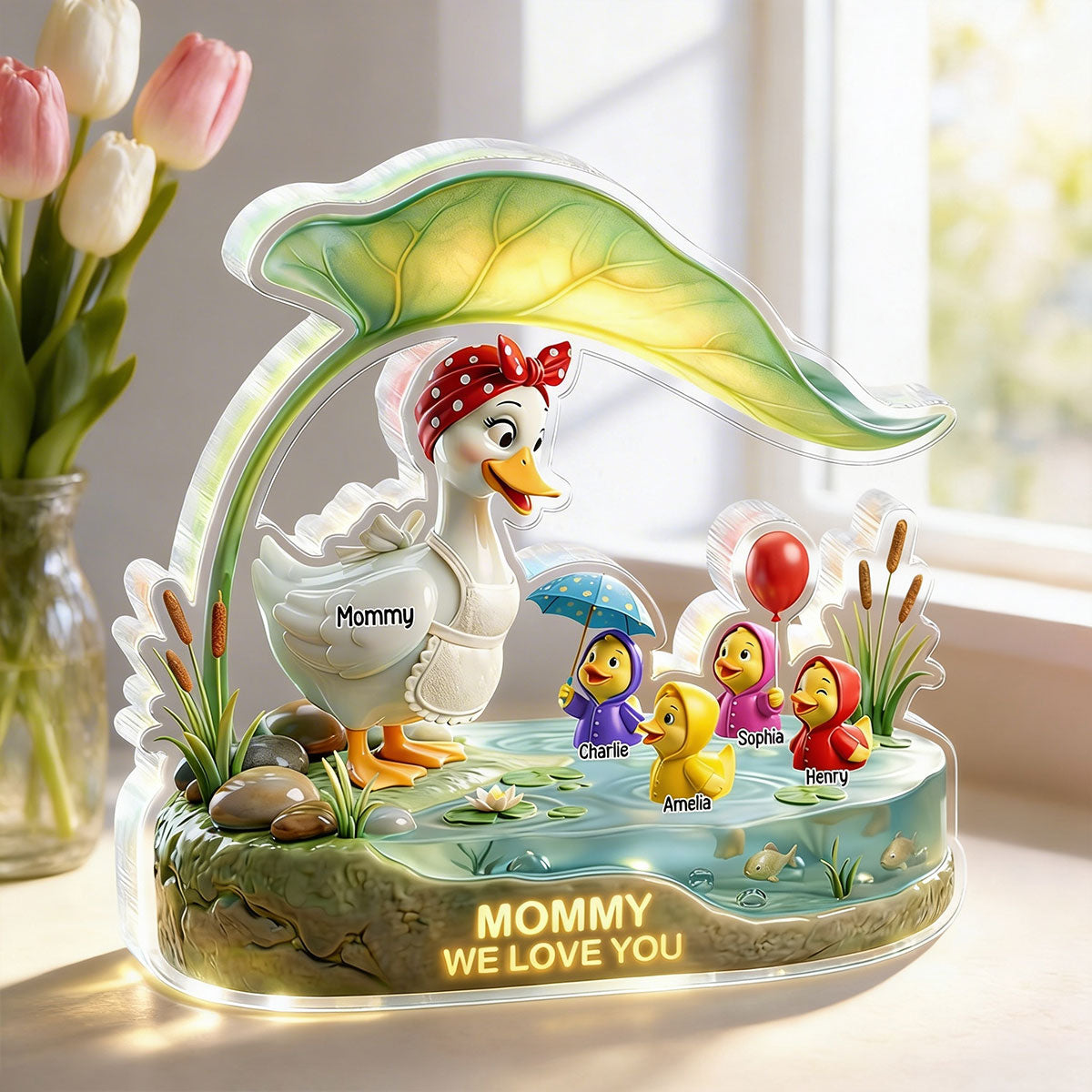 Mother Duck And Little Ducks - Personalized Acrylic Block Plaque - Gift For Mom, Grandma