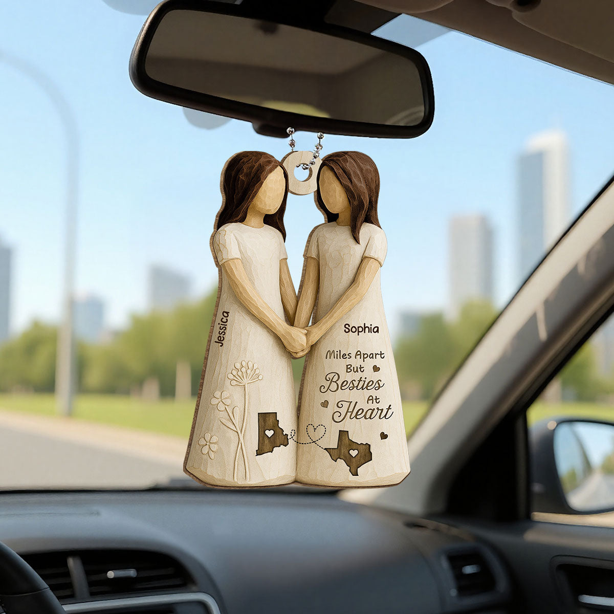 Miles Apart Besties At Heart 3D Effect - Personalized Wooden Ornament - Christmas Gift, Birthday Gift, Long Distance Friendship Gift for Best Friends