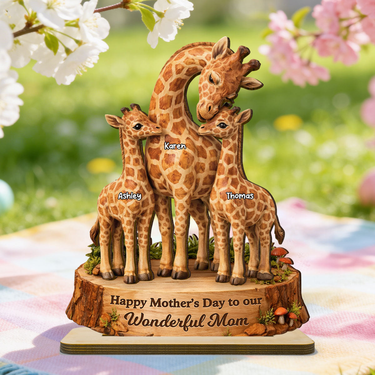 Happy Mother's Day Giraffe Mom - Personalized 2-Layered Wooden Plaque - Heartfelt Mother's Day Gift for Mom, Wife