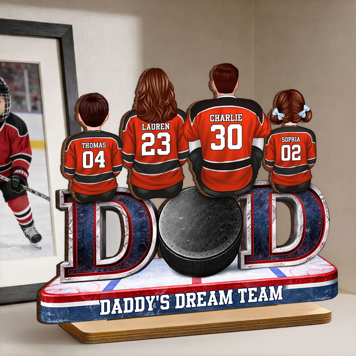 Hockey Dad Family Sitting Back View - Personalized 2-Layered Wooden Plaque - Heartfelt Gift For Hockey Dad, Gift For Husband, Gift For Family