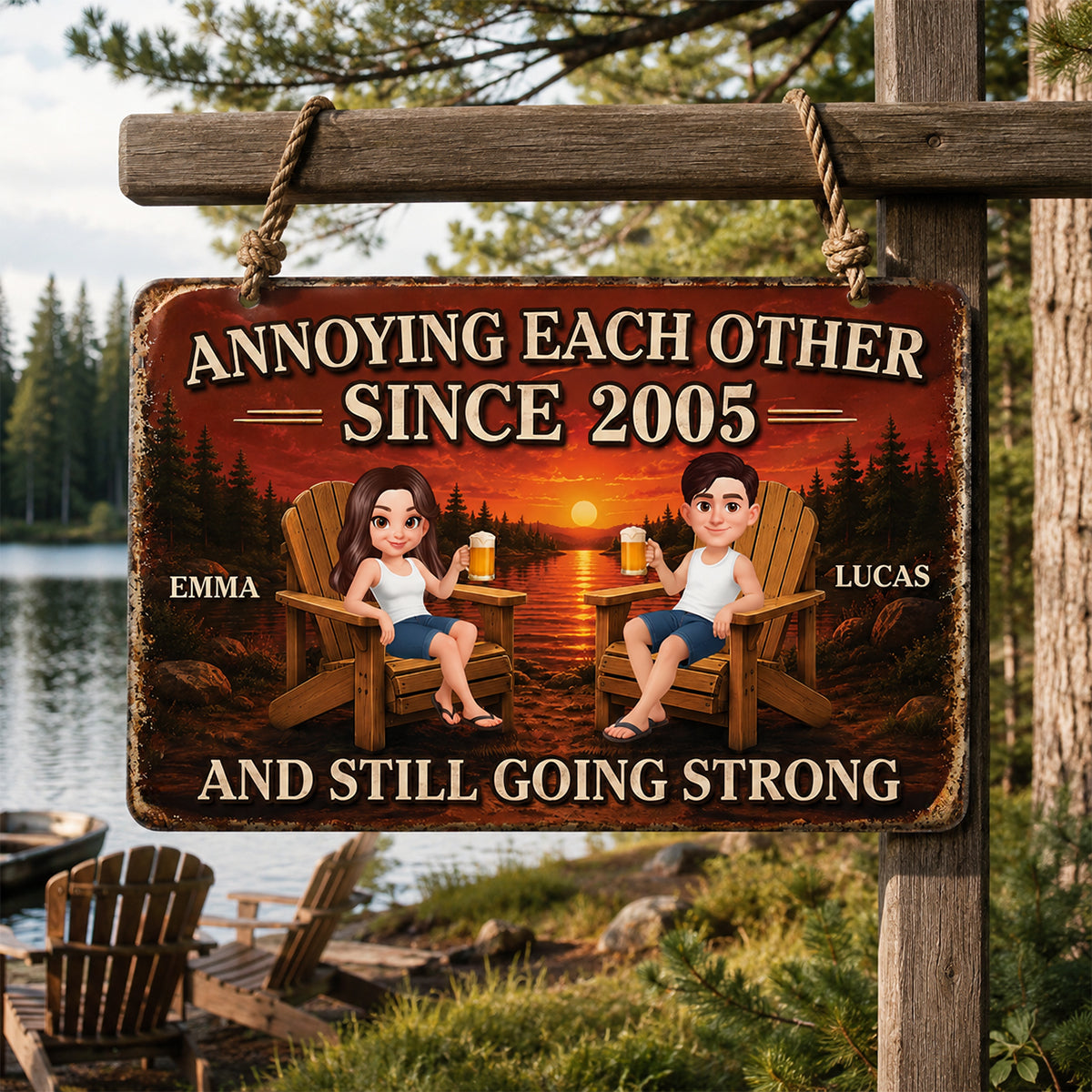 Couple Annoying Each Other Sunset Lake View - Personalized Metal Sign - Anniversary Gift For Couple