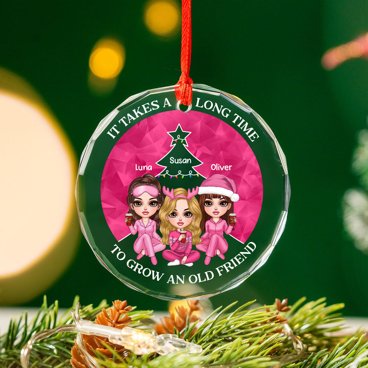 Pink Christmas Besties Sister Christmas Tree Personalized Glass Ornament