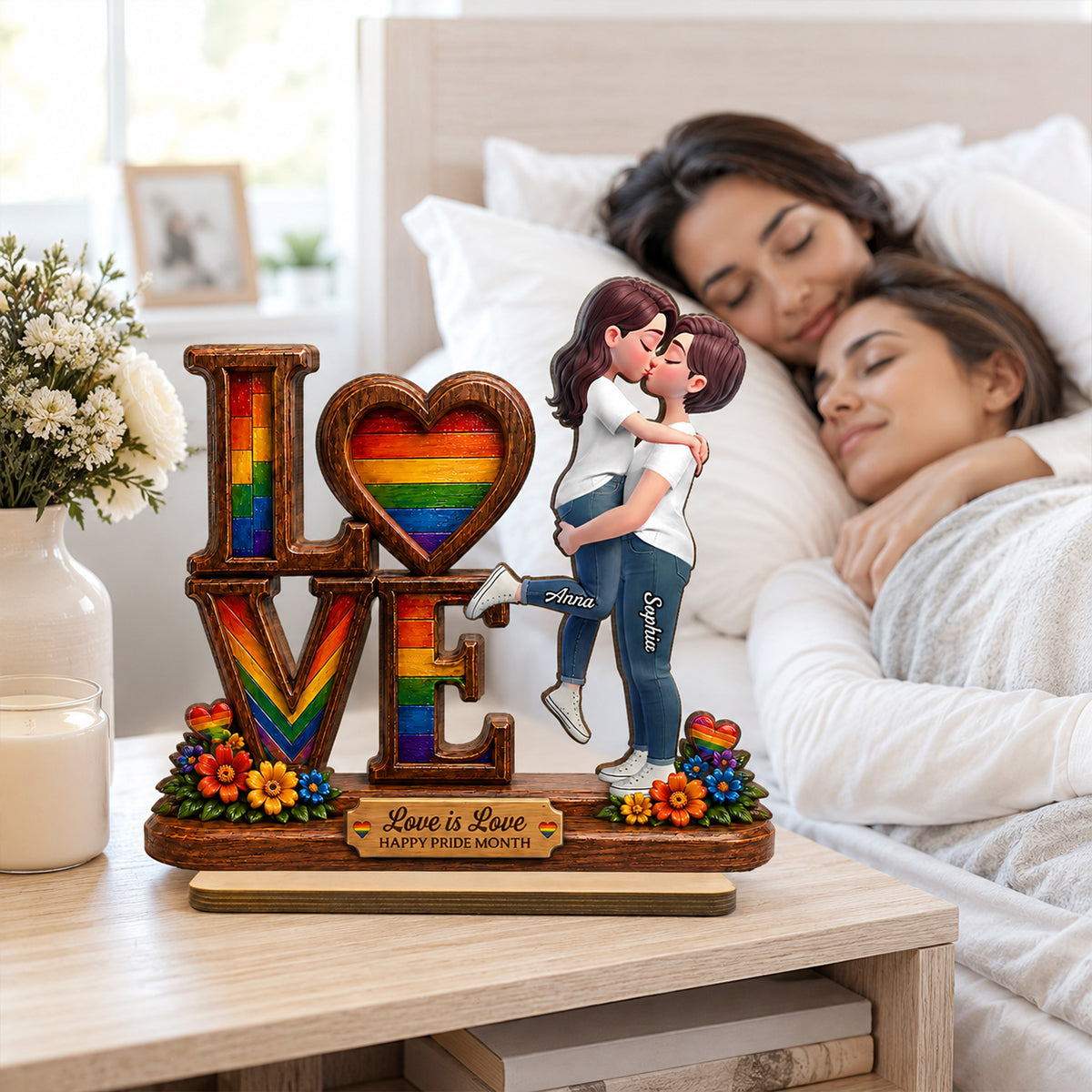 Pride Month Romantic Kissing Couple - Personalized 2-Layered Wooden Plaque - Gift For Couple, Happy Pride Month