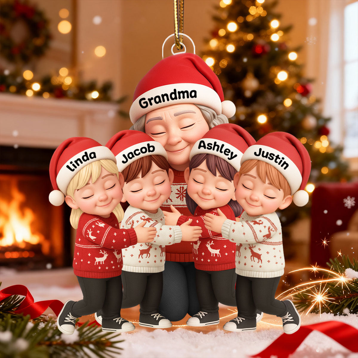 Grandma’s Loving Embrace – Custom Ornament with Grandkids’ Names – A Cherished Christmas Keepsake for Grandma, Grandkids