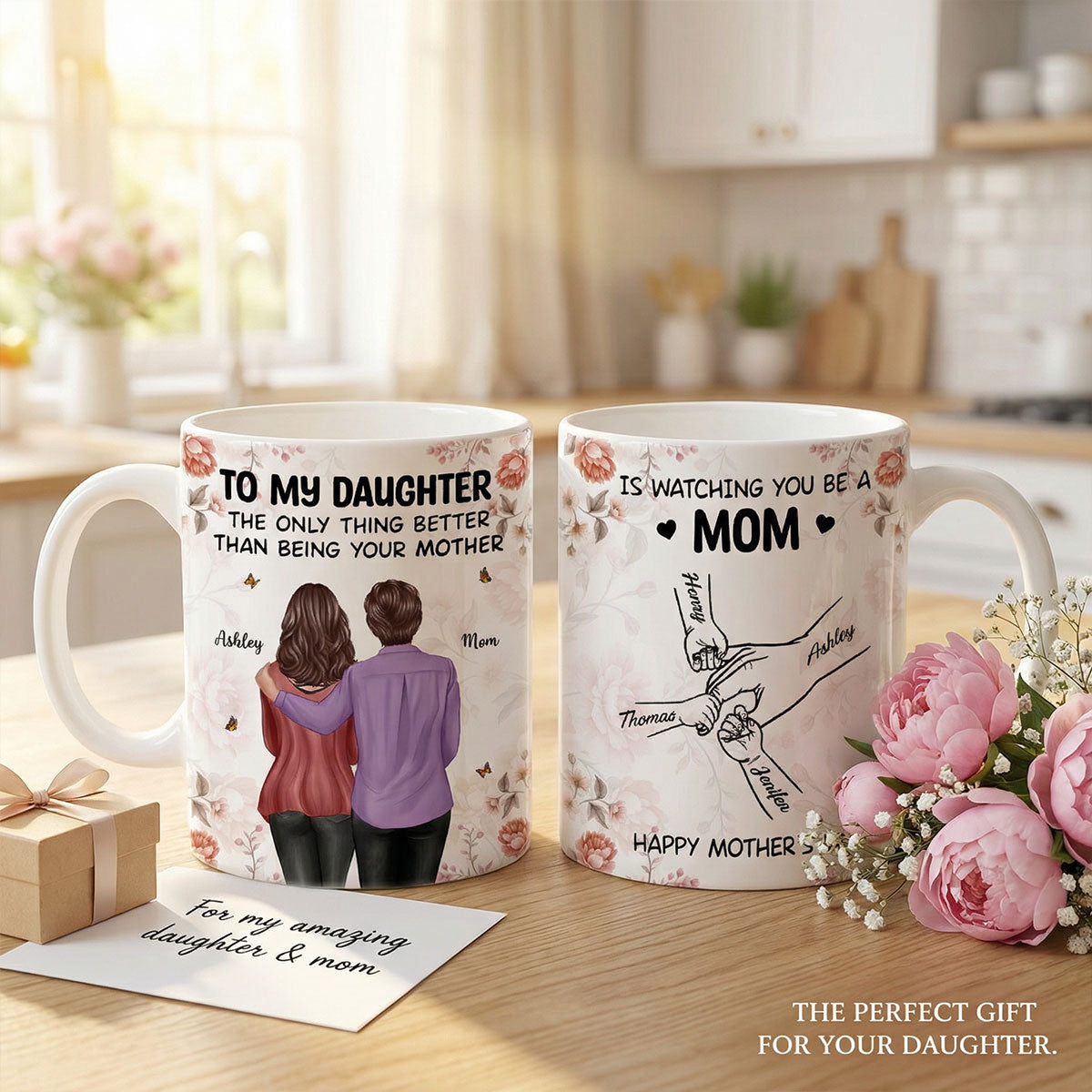 To My Daughter From Mom Hands Outline Floral Pink Tone - Personalized Mug - Mother's Day Gift For Daughter