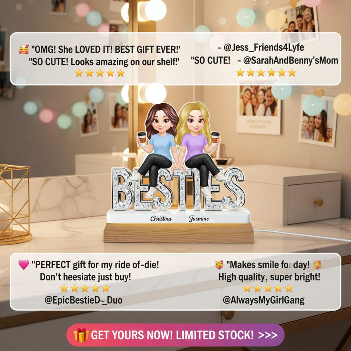 Beautiful Besties Forever - Personalized Acrylic Plaque LED Night Light - Gift For Best Friends
