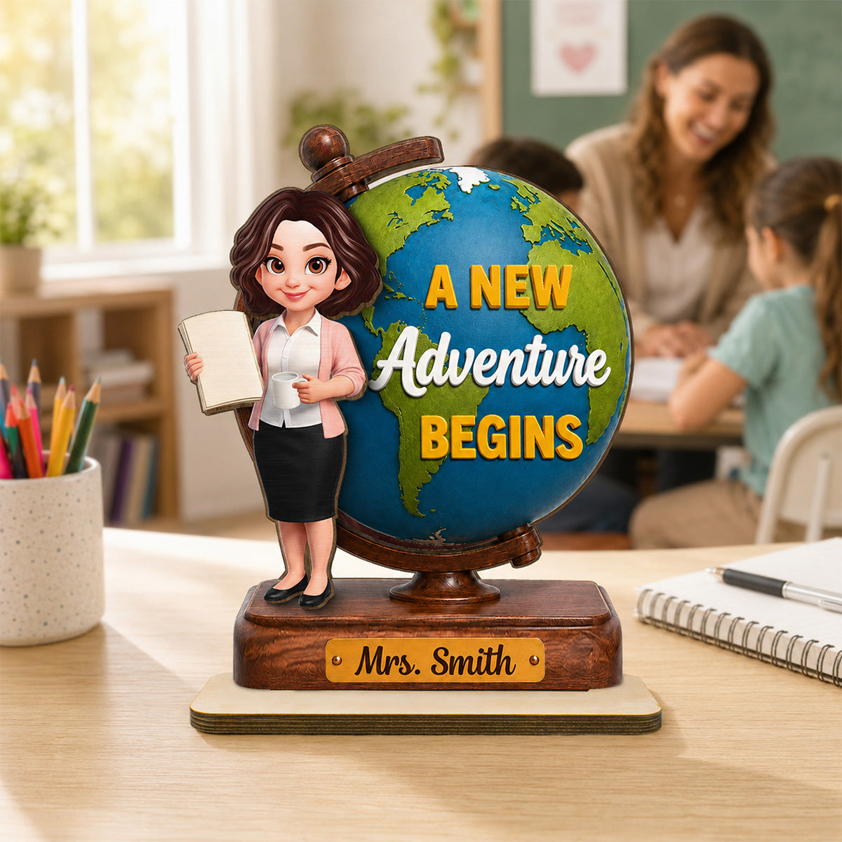 Teacher World Globe 2D Flat - Personalized Wooden Plaque - Back To School Gift