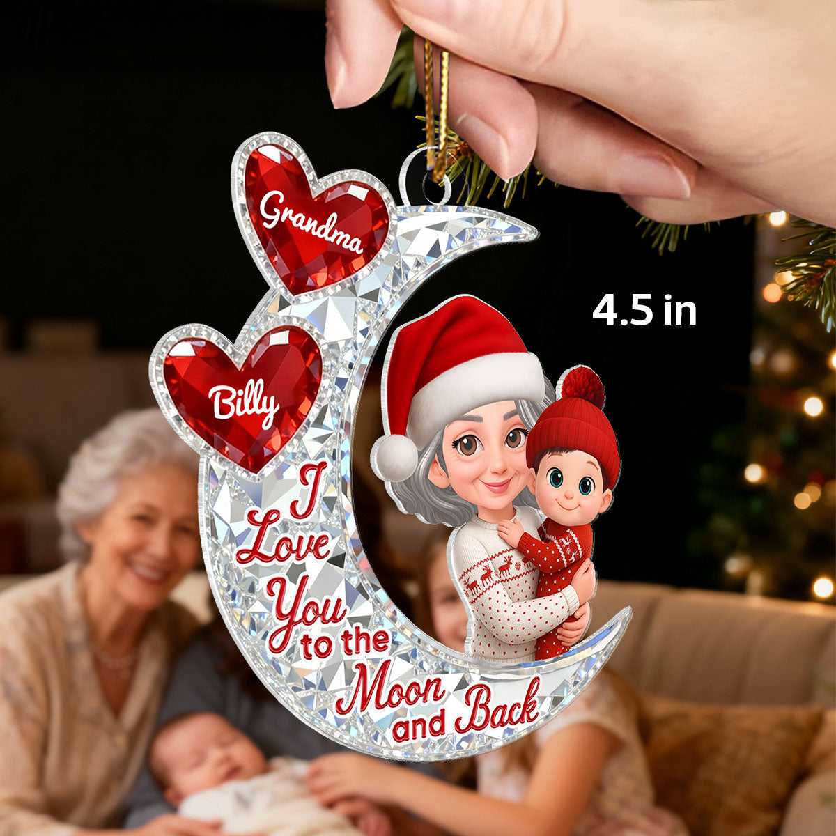 3D Effect Flat Moon Grandma Grandkid Love You To The Moon And Back - Personalized Acrylic Ornament - Christmas Gift For All Grandkids