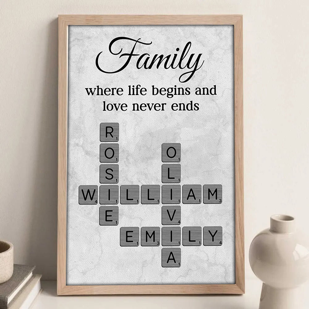 Family Where Life Begins and Love Never Ends Crossword - Personalised Poster - Sentimental Gift for Loved Ones