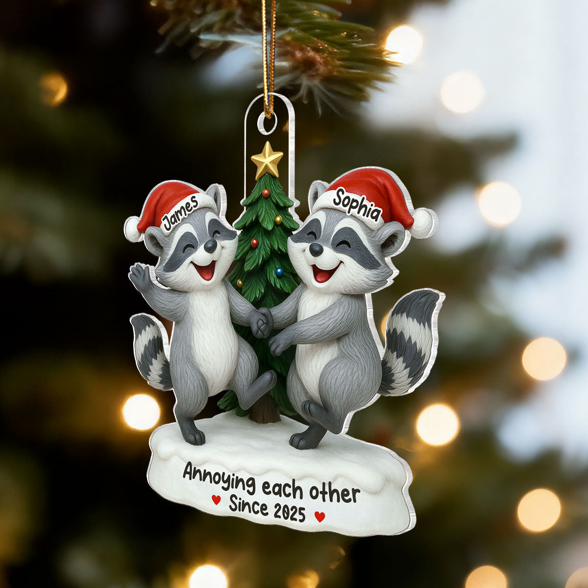 3D Effect Raccoon Couple Annoying Each Other - Personalized Acrylic Ornament - Funny Gift For Couple, Gag Gift