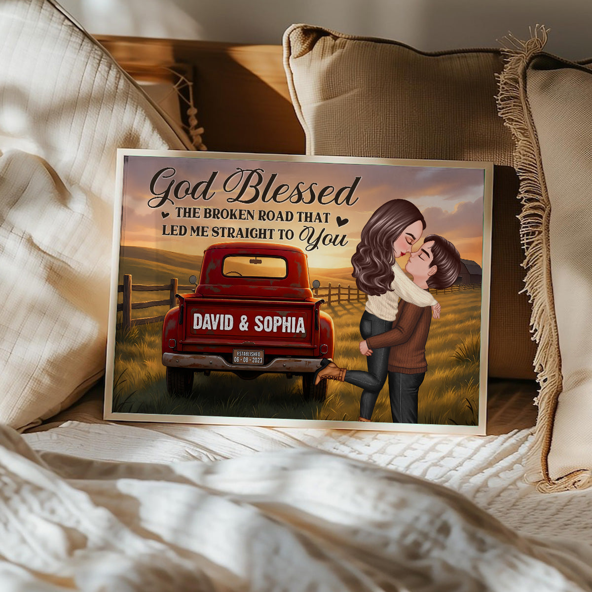 Rustic Nostalgia Red Truck Couple Hugging Kissing Farmhouse Decor - Personalized Poster - Heartfelt Valentine, Anniversary Gift For Him, For Her