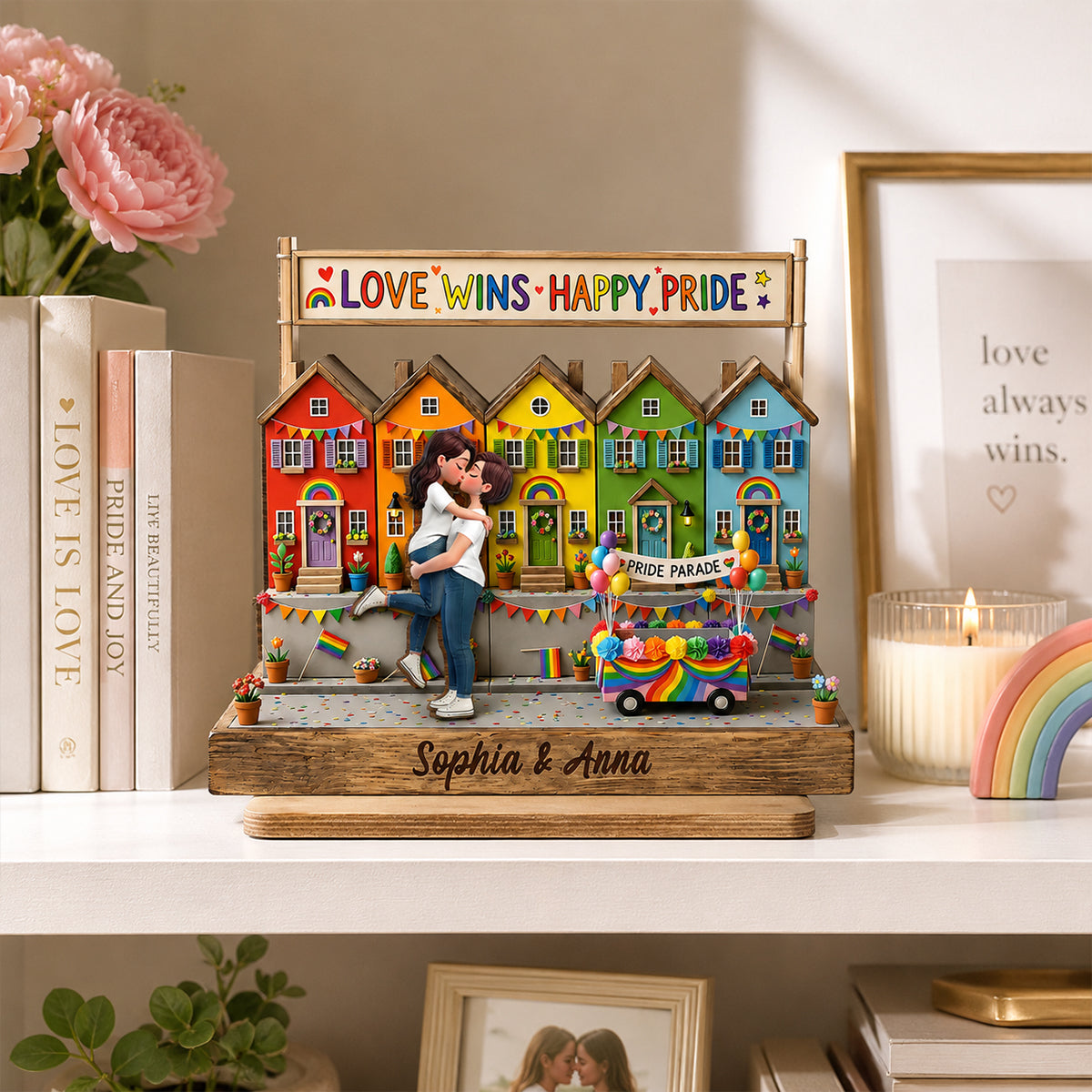 Love Wins LGBT+ Couple - Personalized 2-Layered Wooden Plaque - Gift For Couple, Happy Pride Month