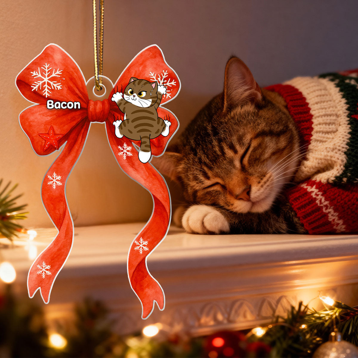 Cat Climbing Christmas Coquette - Personalized Acrylic Ornament - Christmas Gift for Cat Lovers