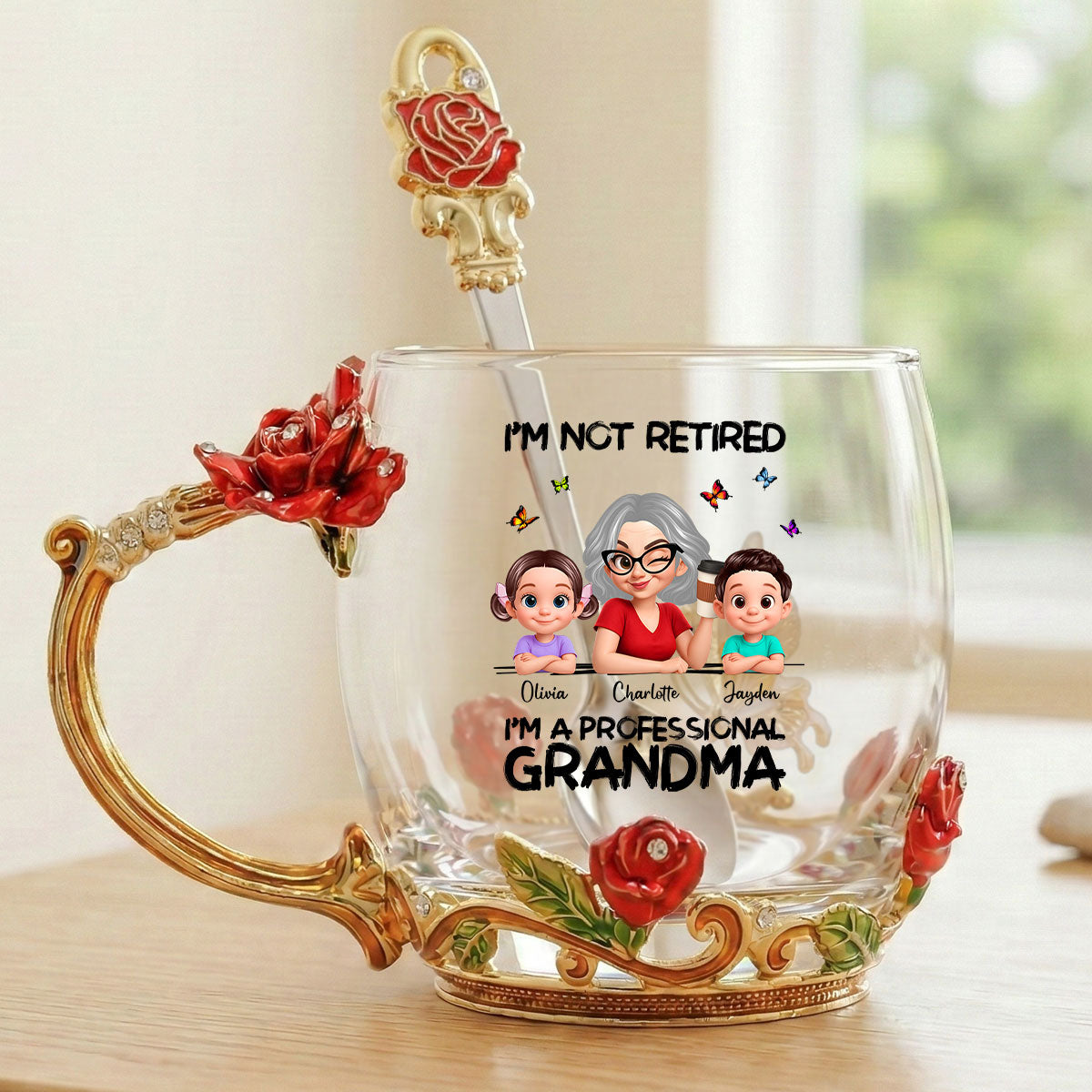 Not Retired Professional Grandma - Personalized Enamel Flower Tea Cup - Gift For Retired Grandma, Mom