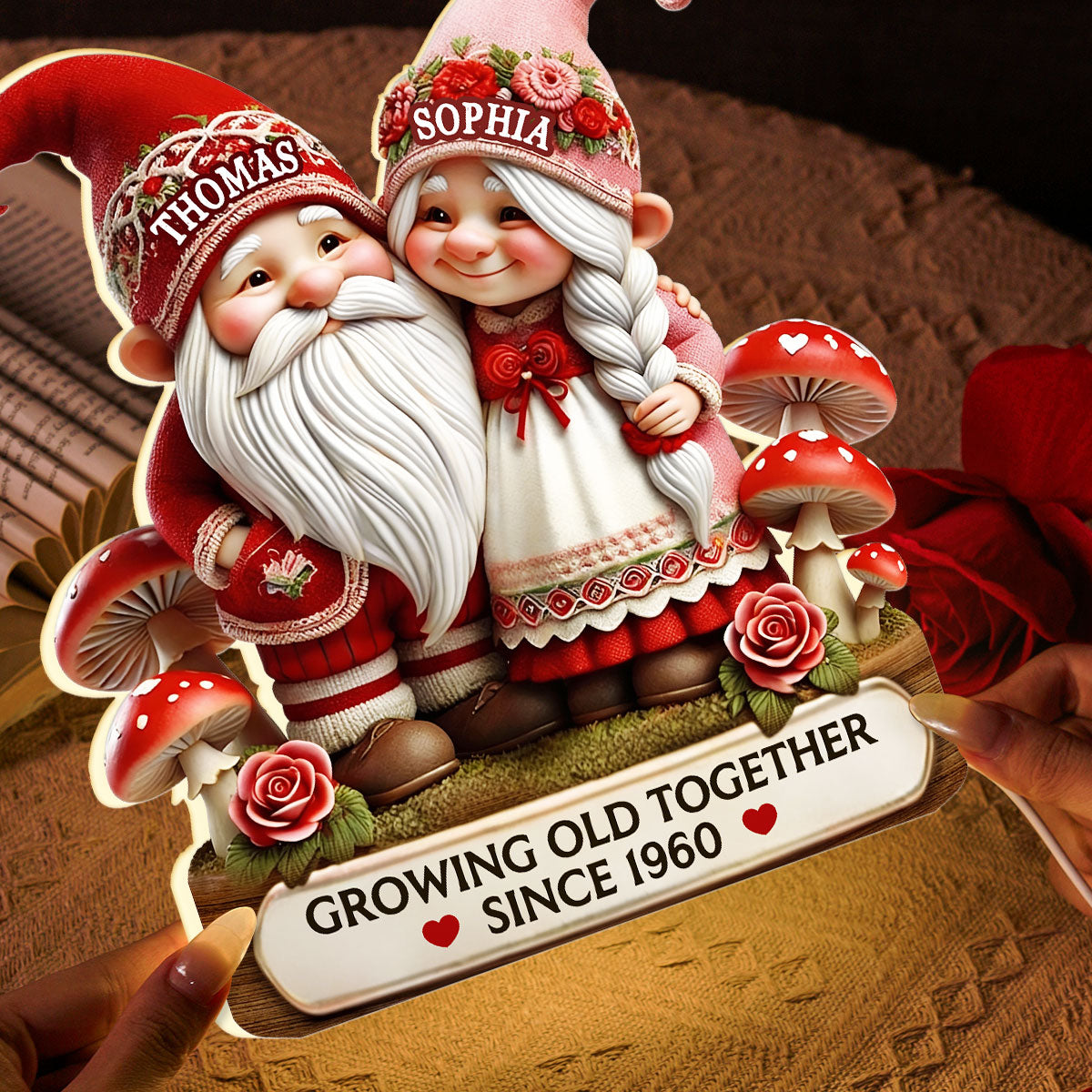 3D Effect Gnome Couple Growing Old Together - Personalized Light Box - Heartfelt Valentine's Day Gift, Anniversary Gift For Couple, For Him, For Her
