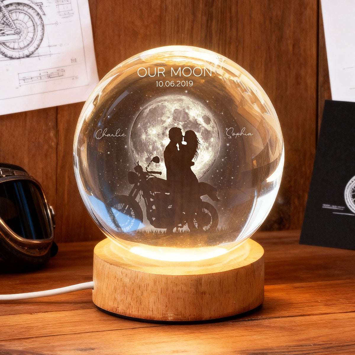 Biker Couple in the Moonlight, Custom Moon Phase by Date - Personalized Crystal Ball LED Night Light - Heartfelt Valentine's Day Gift for Her, for Him