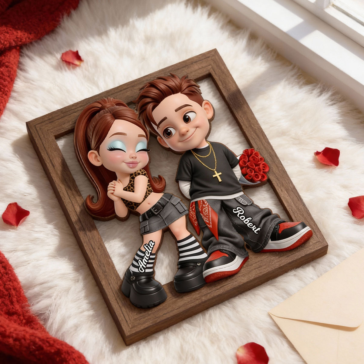 Trendy Y2K Couple Frame - Personalized 2-Layered Wooden Plaque - Heartfelt Valentine's Day Gift For Him, Gift For Her