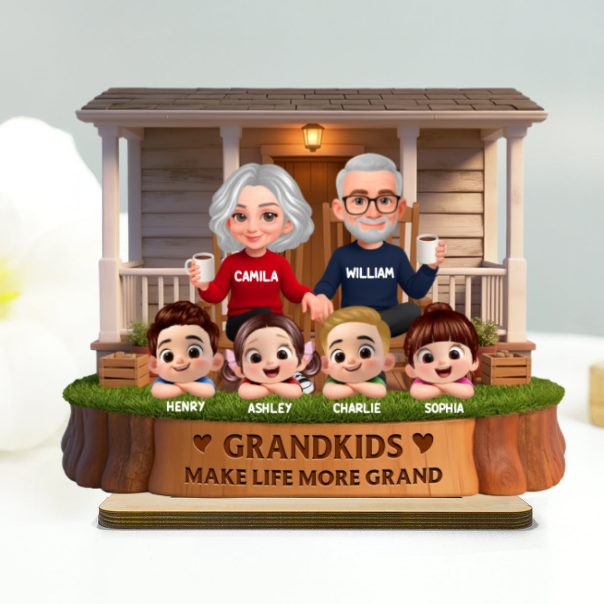 Grandkids Make Life Grand Grandparents On The Front Porch - Personalized 2-Layered Wooden Plaque - Gift for Grandma, Grandpa