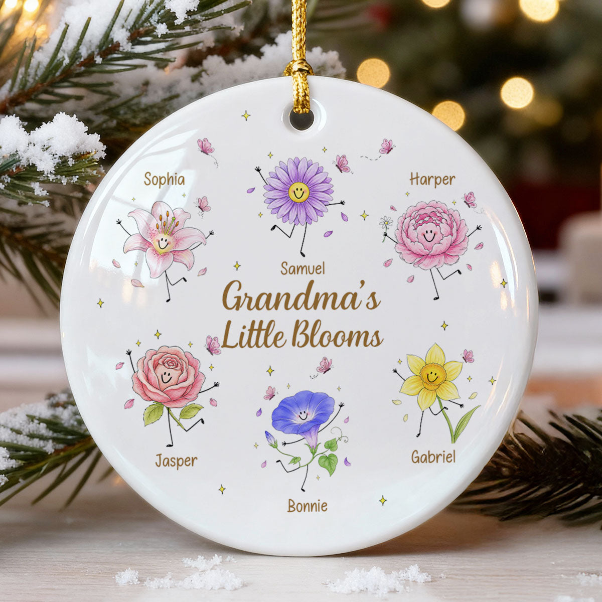 Grandma's Little Blooms Cute Doodle Birth Month Flowers - Personalized Ceramic Ornament - Home Decor Gift, Birthday Gift For Grandma