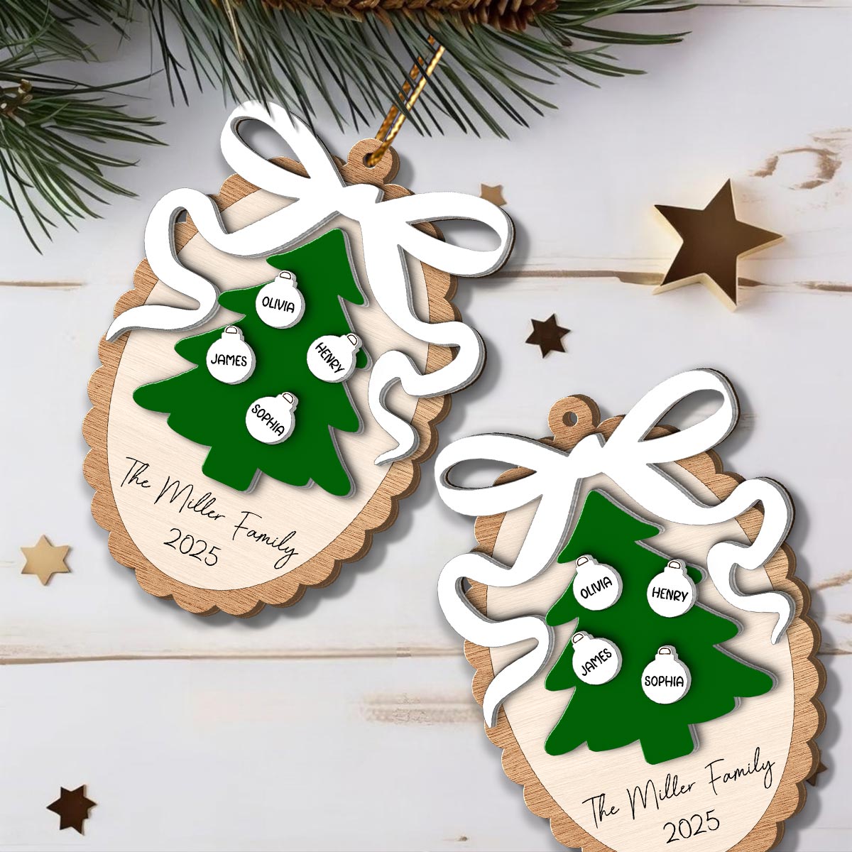 Family Christmas Tree Scalloped Bow - Personalized Spinning Charm Ornament