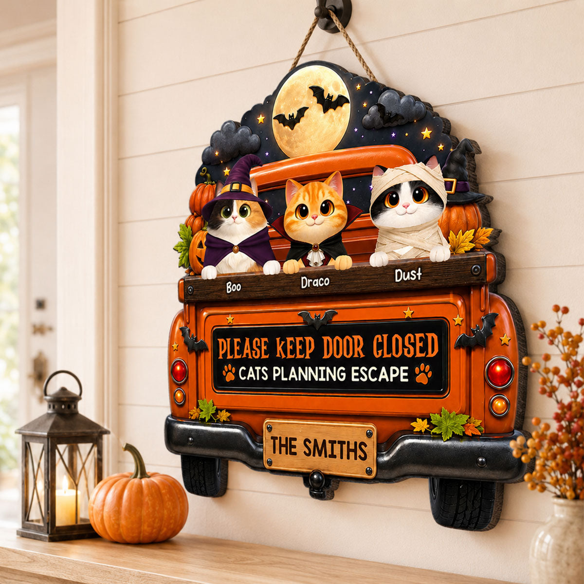 Cute Cat Keep Door Closed - Personalized Wood Sign - Halloween Gift For Cat Lovers, Halloween Decor