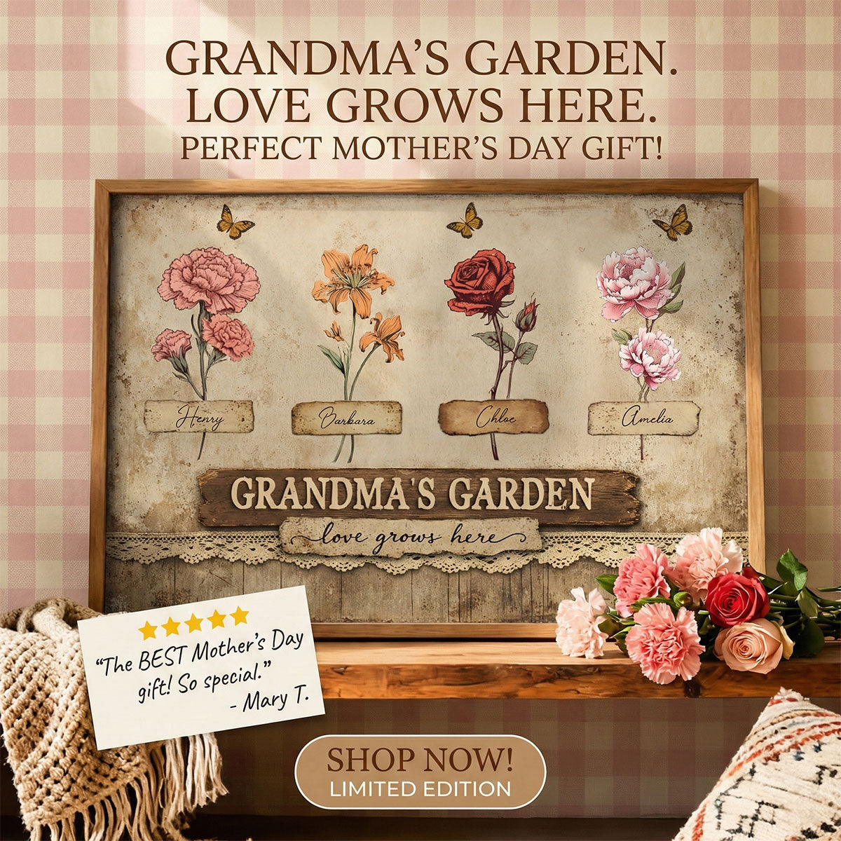 Retro Vintage Lace Pattern Grandma's Garden Birth Month Flowers - Personalized Poster - Mother's Day Gift For Grandma, Mom