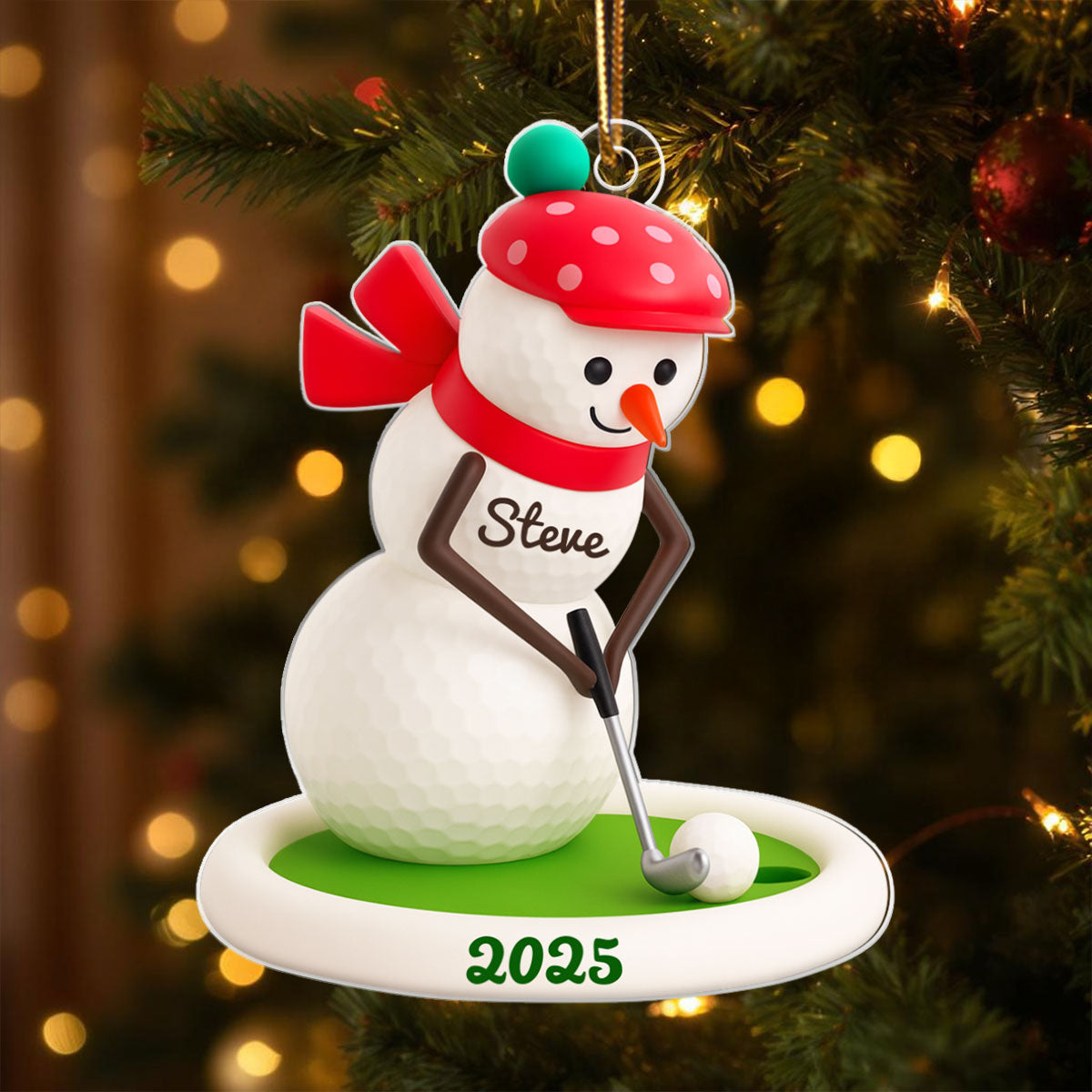 Snowman Playing Golf - Personalized Acrylic Ornament - Christmas Gift for Golfer