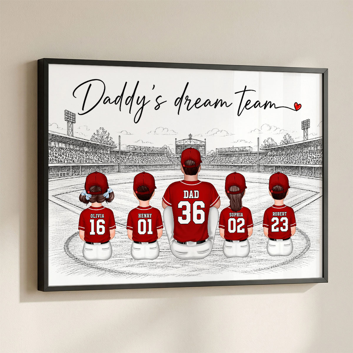 Sketch Style Baseball Family Daddy's Dream Team - Personalized Poster - Father's Day Gift For Dad, Husband