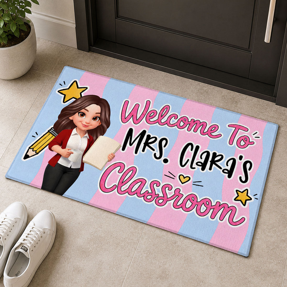 Striped Teacher Welcome To Classroom - Personalized Doormat - Back To School Gift, Classroom Decoration