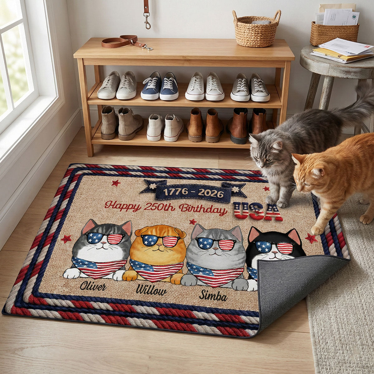 USA 250th Birthday Patriotic Flag Cat Faux Yarn Pattern - Personalized Doormat - Gift For Cat Lovers