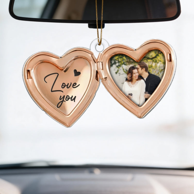 Couple Custom Photo Heart Locket Illustration 2D Flat - Personalized Acrylic Car Hanger Ornament - Gift For Her, Gift For Him