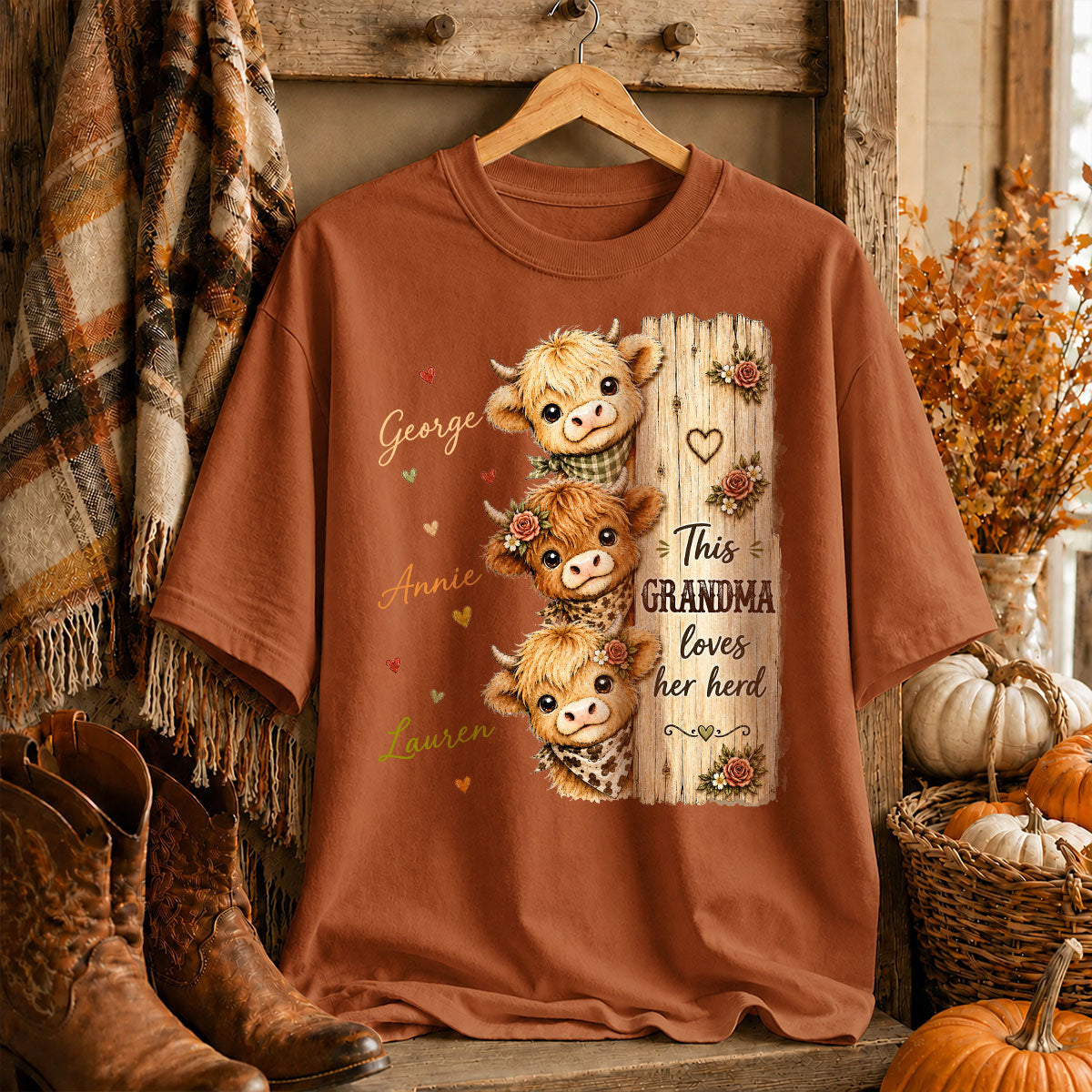 This Grandma Loves Her Herd Highland Cow - Personalized Shirt - Trendy Cozy Fall Shirt for Grandma