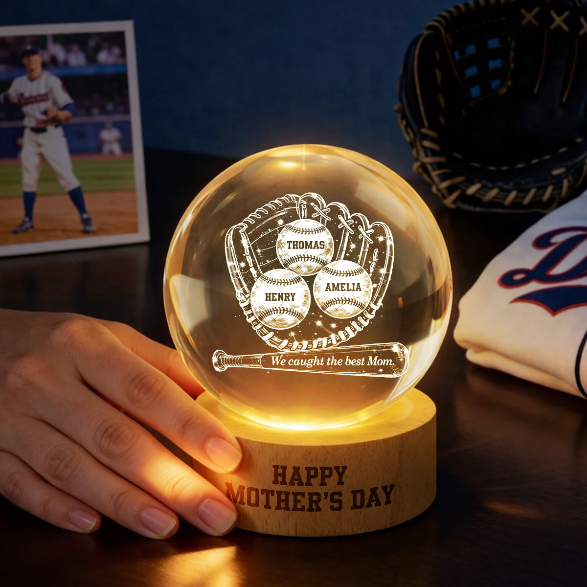 Happy Mother's Day Baseball Mom - Personalized Crystal Ball LED Night Light - Mother's Day Gift for Mom, Wife